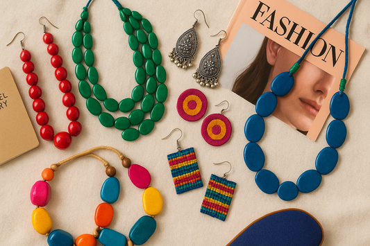 Flat lay of colorful imitation jewelry including beaded necklaces, oxidized earrings, and vibrant statement pieces on a beige fabric with fashion accessories – perfect for travel and everyday styling. "roodap"